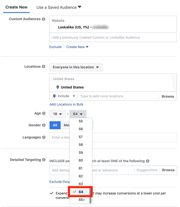 Suggerimenti per ridurre i costi degli annunci di Facebook, opzione per restringere il pubblico in base all'età