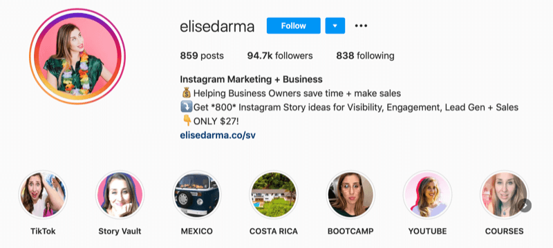 Profilo Instagram di Elise Darma