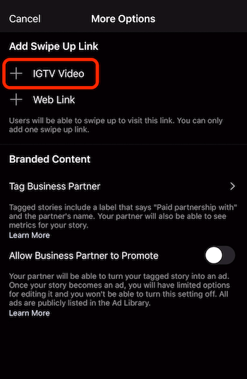 opzione per aggiungere il collegamento a scorrimento al video IGTV