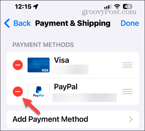 rimuovere il metodo di pagamento su iPhone