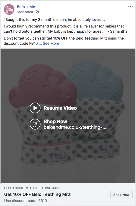 Questo annuncio di Facebook utilizza un video di presentazione per promuovere uno sconto su un prodotto specifico.