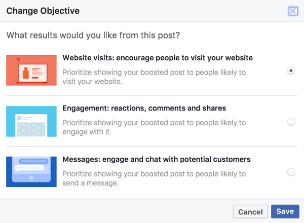 Le opzioni oggettive per i post potenziati si basano sui media utilizzati nel tuo post di Facebook.