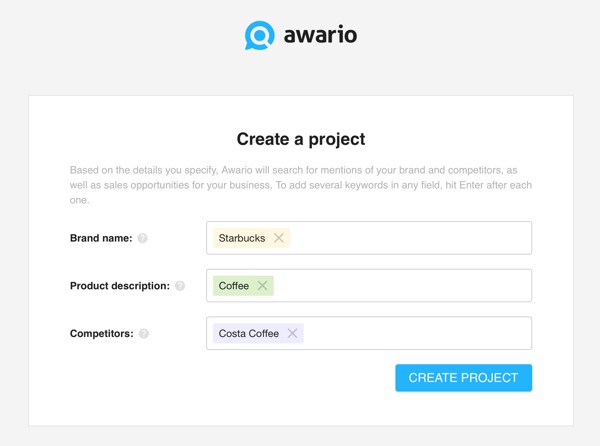 Come utilizzare Awario per l'ascolto dei social media, Passaggio 1 crea un progetto.