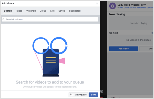 Scegli una fonte per aggiungere video alla coda del party di visualizzazione di Facebook.