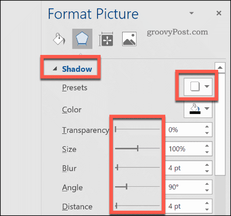 Aggiunta di un'ombra discendente a un'immagine in Word