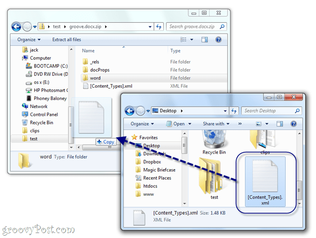 modifica manualmente docx xml in Windows 7