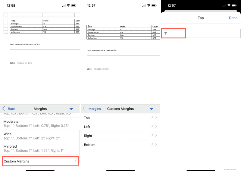 Margini personalizzati in Word su dispositivi mobili