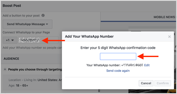 Inserisci il codice di conferma che hai ricevuto tramite SMS per connettere il tuo account WhatsApp Business a Facebook.