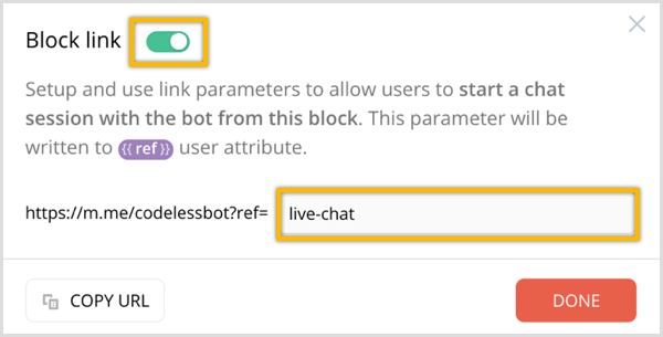 Opzione ChatFuel Block Link