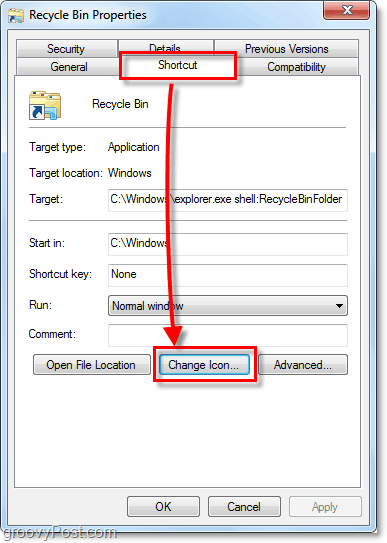 cambia un'icona di collegamento in Windows 7