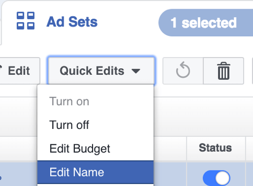 In Facebook Power Editor, seleziona Modifica nome dal menu a discesa Modifiche rapide.