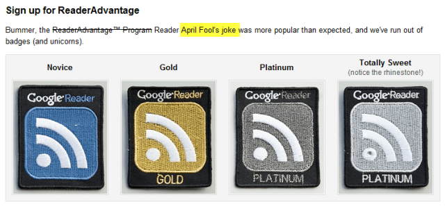 Distintivo di vantaggio di Google Reader 2010 April Fools Reader