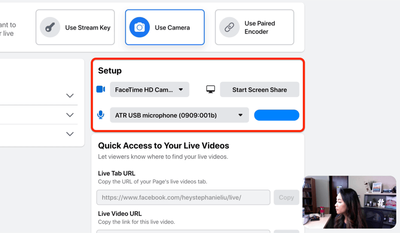 opzione di configurazione live streaming di Facebook per selezionare la fotocamera e il microfono e / o la condivisione dello schermo