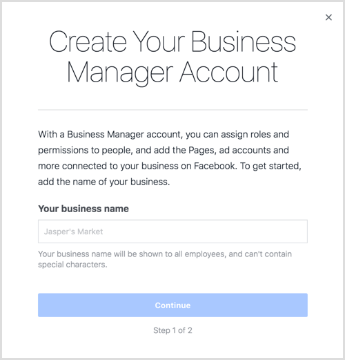 Inserisci il nome della tua attività per creare il tuo account Business Manager.