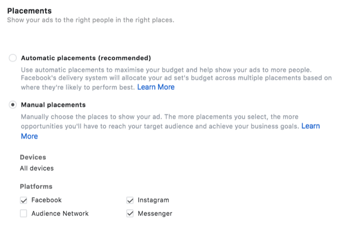 opzioni di menu per il posizionamento degli annunci con posizionamenti manuali selezionati, in particolare Facebook, Instagram e Messenger