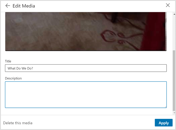 La finestra di dialogo Modifica media che vedi quando colleghi un video sul tuo profilo LinkedIn