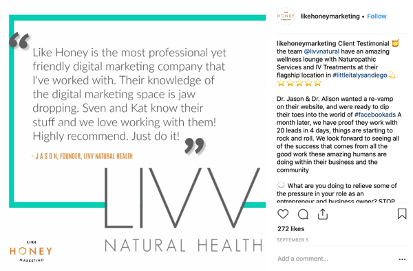 Esempio di un post su Instagram della storia di un cliente di Like Honey Marketing.