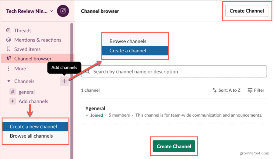 Crea un canale nel browser dei canali di Slack