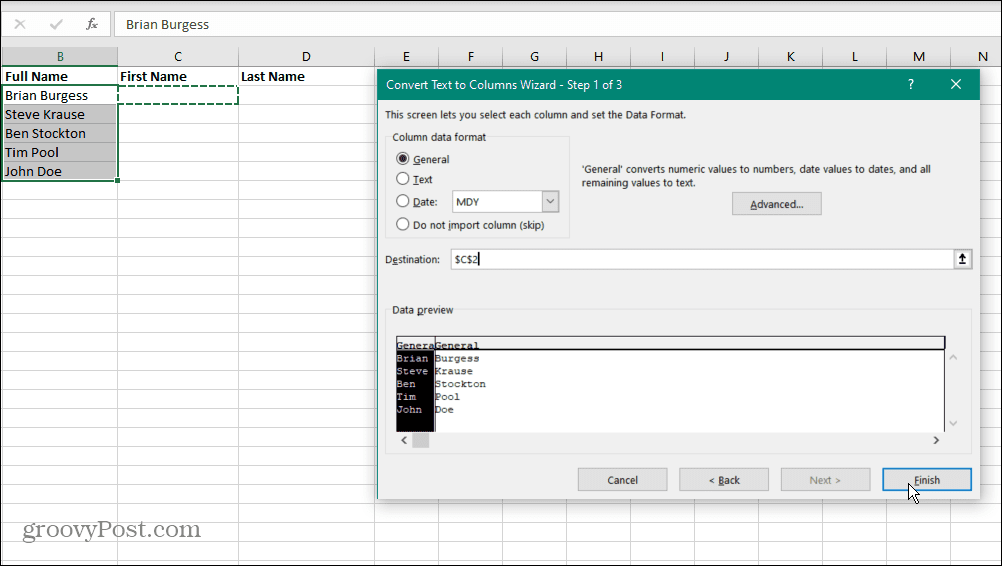 Nomi separati in Excel