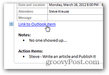 Fai clic su Link di nuovo all'elemento del calendario di Outlook