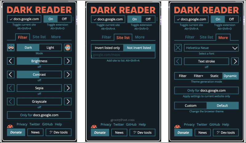 Componente aggiuntivo Dark Reader in Firefox
