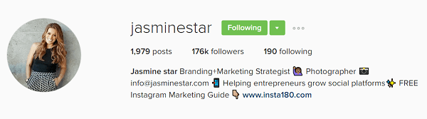 La biografia del profilo Instagram di Jasmine Star mostra il suo valore.