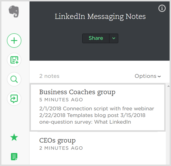 Tieni traccia dei messaggi inviati a gruppi di contatti LinkedIn in Evernote. 