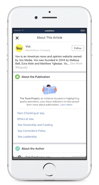 Facebook inizierà a visualizzare gli indicatori di fiducia del nuovo editore per gli articoli condivisi nel feed di notizie.